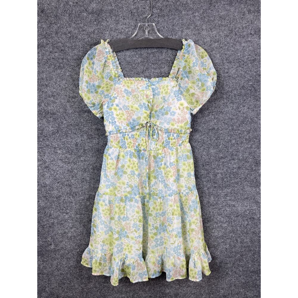 Maden NYC Junior's Green and Blue Floral Smocked Cut-out Mini Dress Puff‎ Sleeve